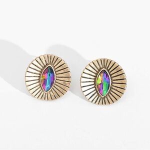 Brushed Gold Engraved Stud Earrings with Multicolor Crystal